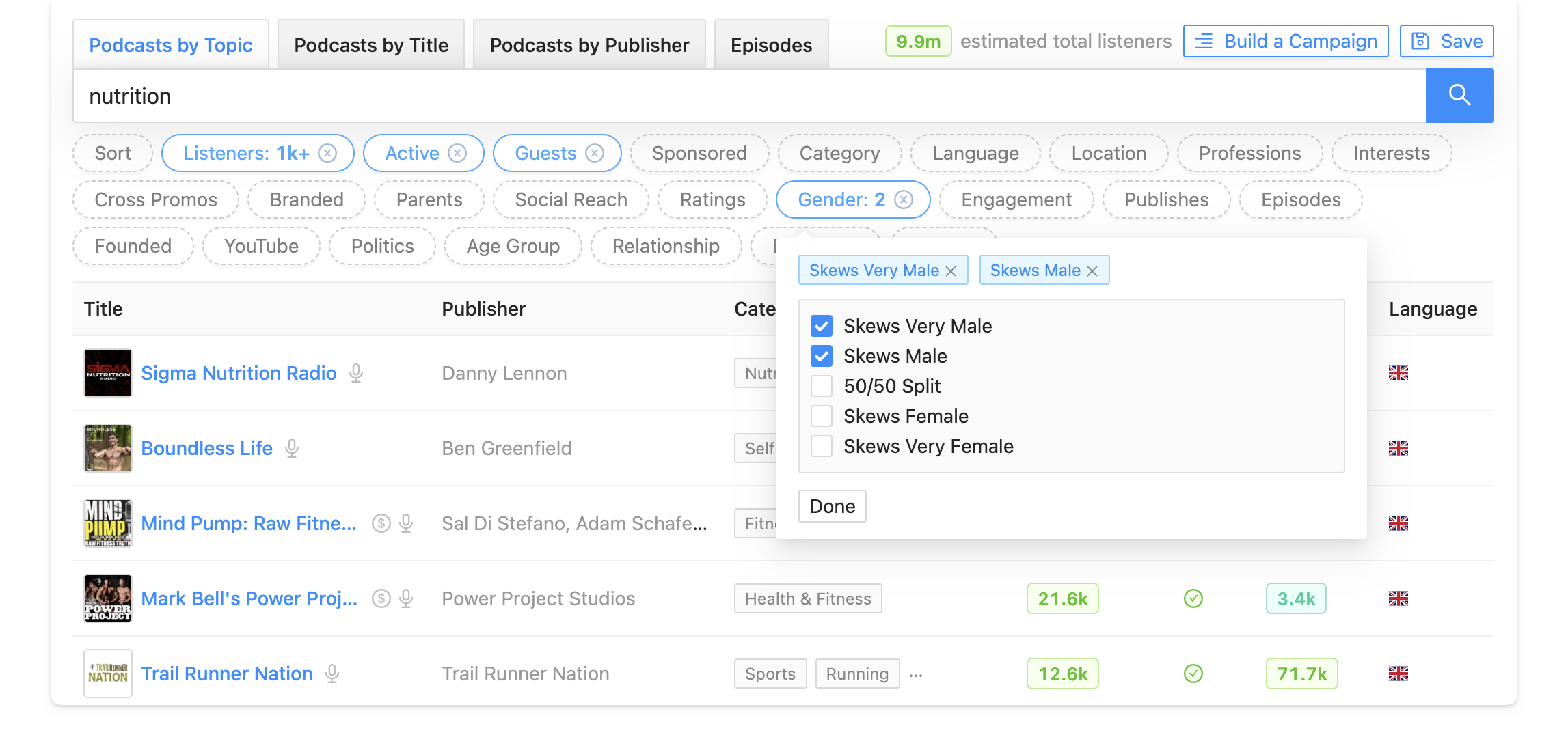 Rephonic podcast search tool and filters