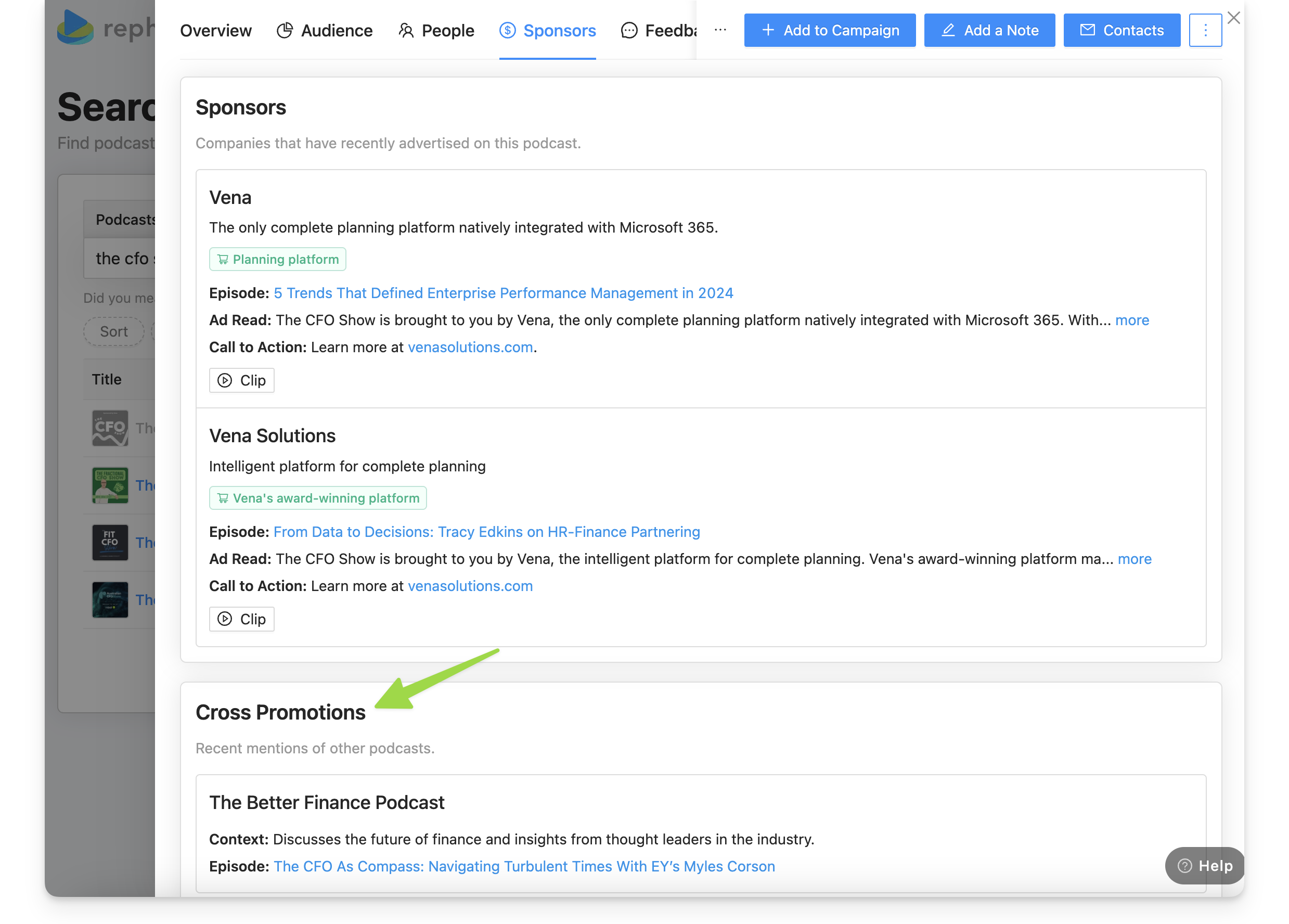 Podcast cross promotion info on Rephonic