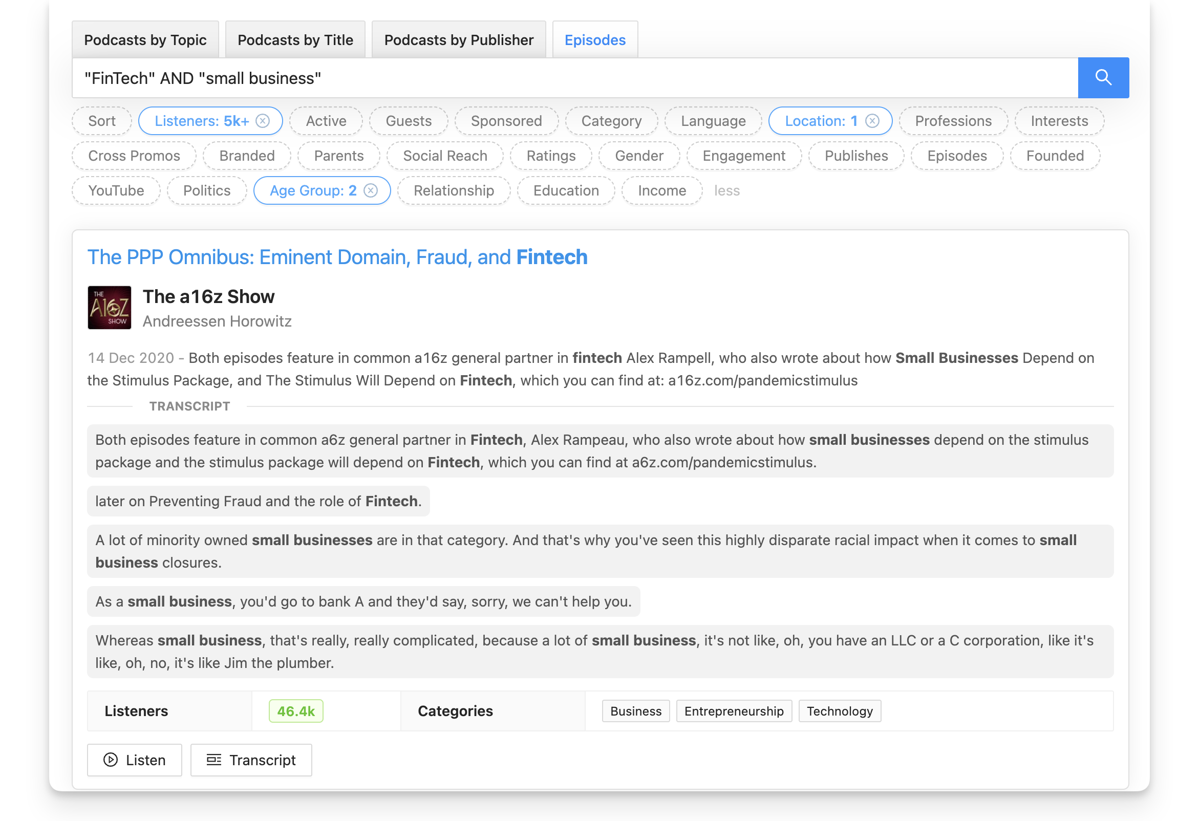 Podcast episode search operators