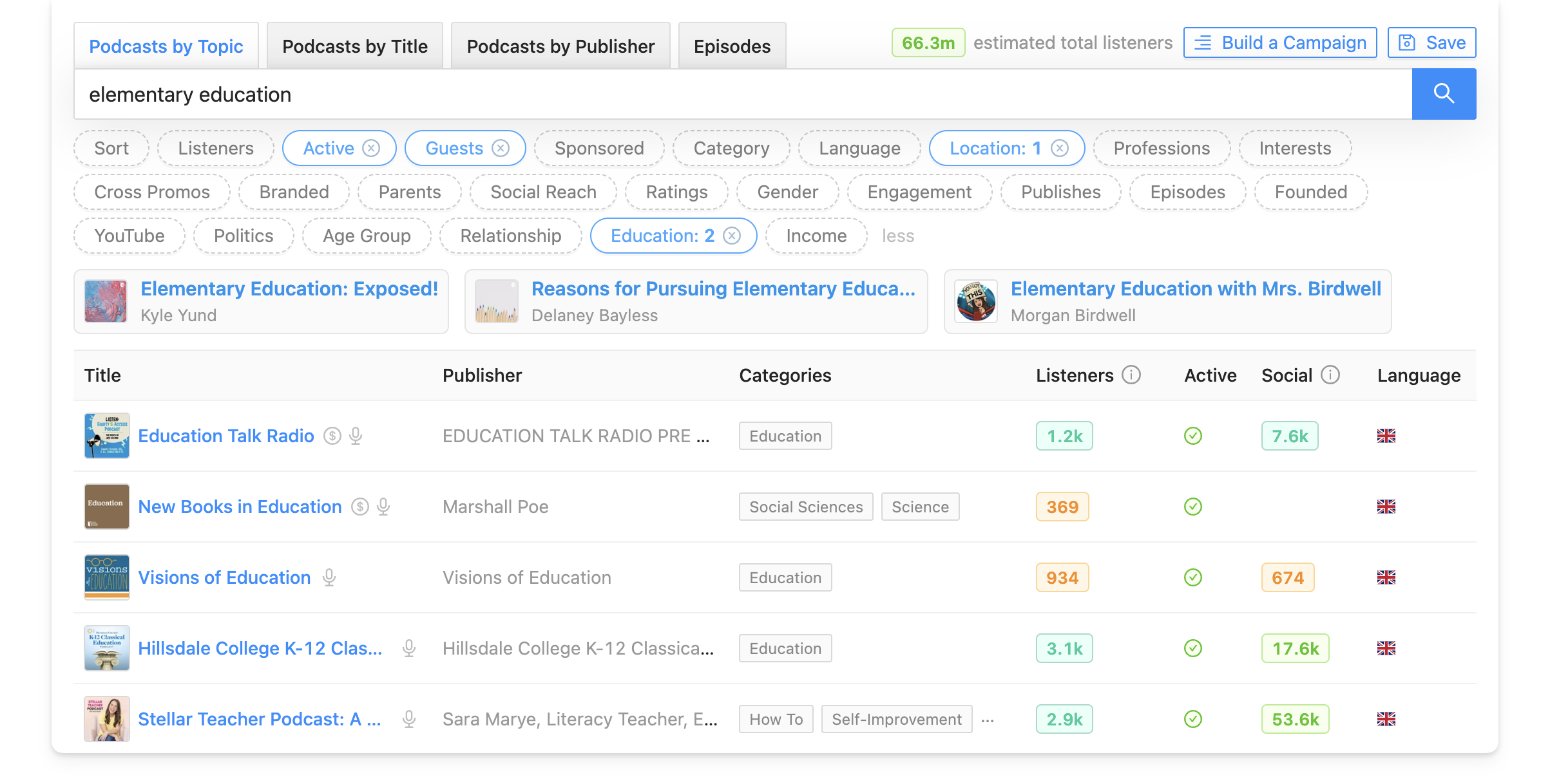 Rephonic search tool and filters