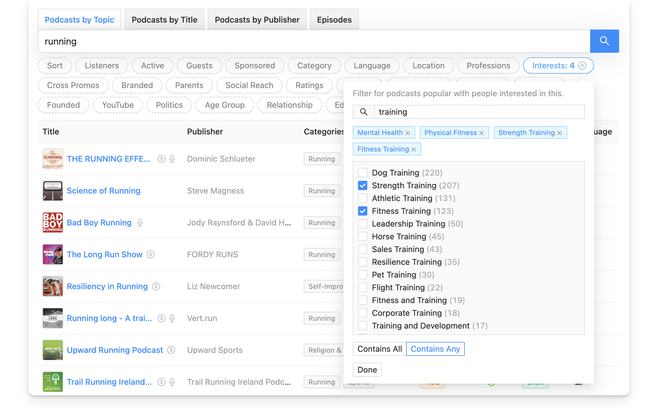 Here's what comes up with a topic of 'running' and interest filters of mental health, physical fitness, fitness & exercise and fitness & training