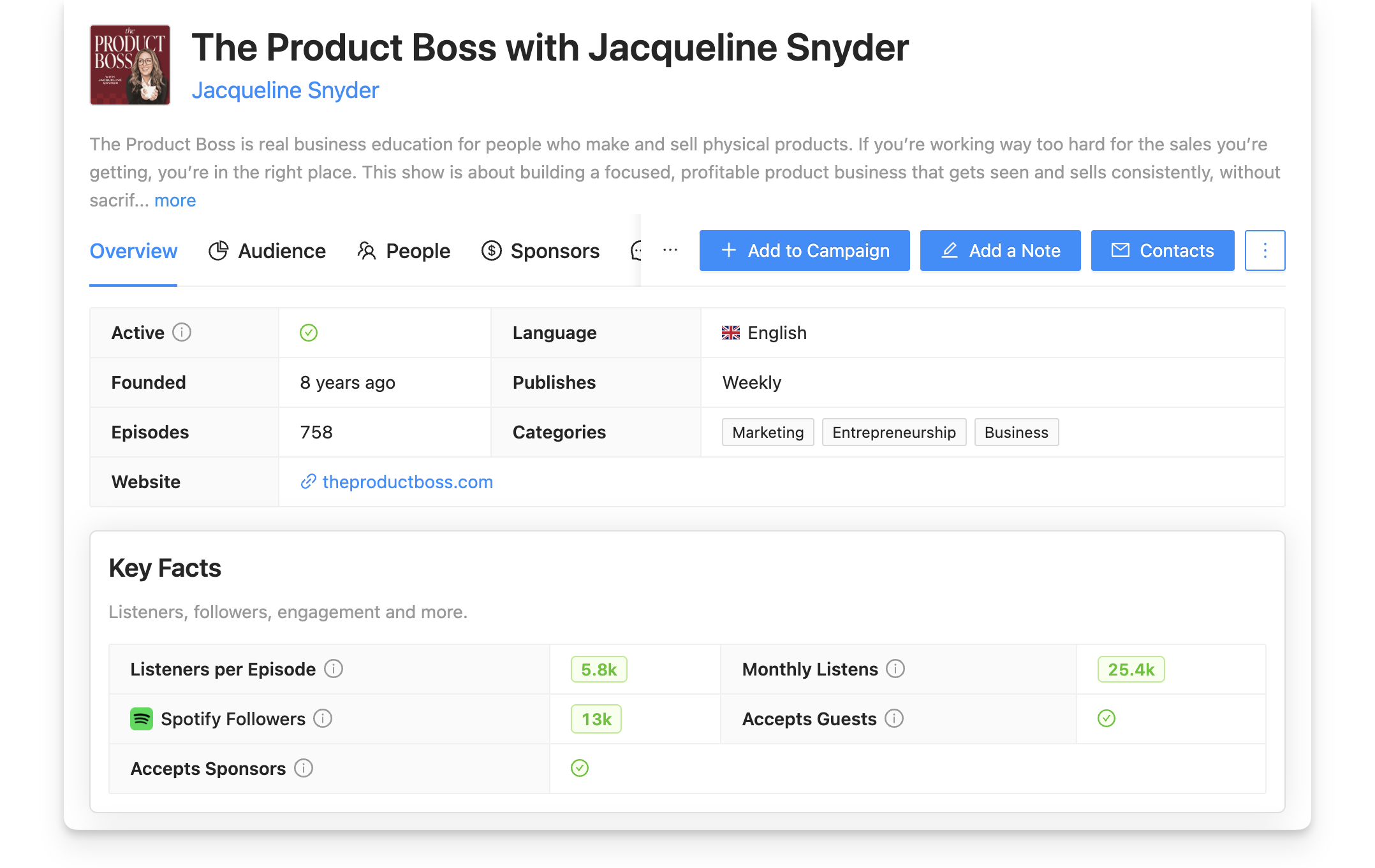 Product Boss podcast data on Rephonic