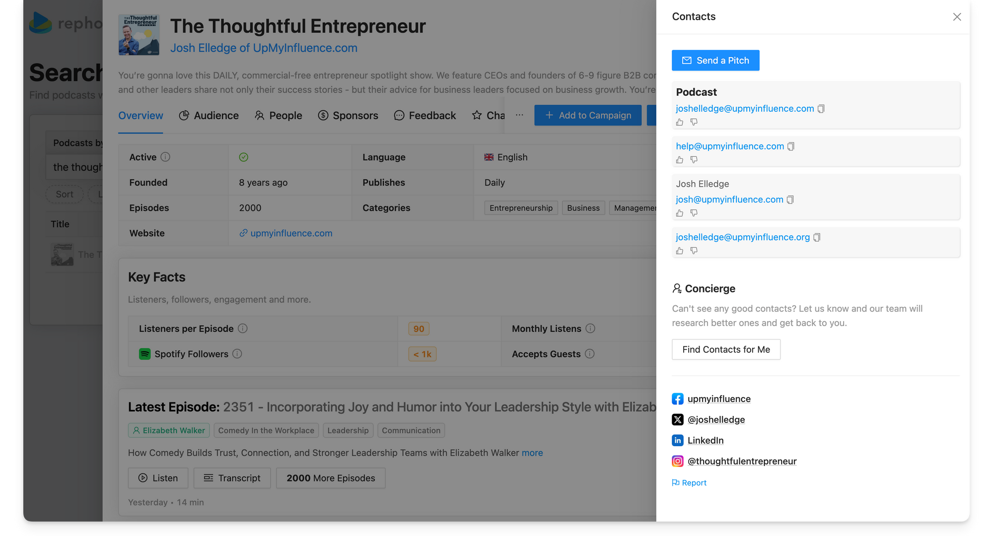 Podcast contacts on Rephonic