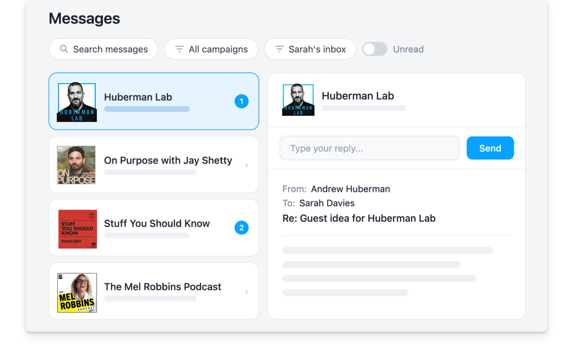 Rephonic podcast outreach messages feature