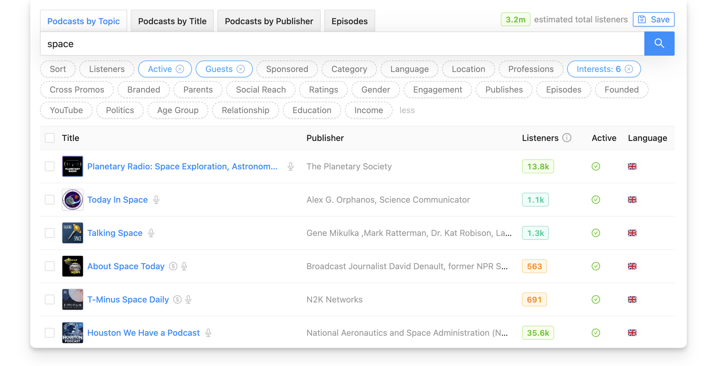 Space podcast search on Rephonic