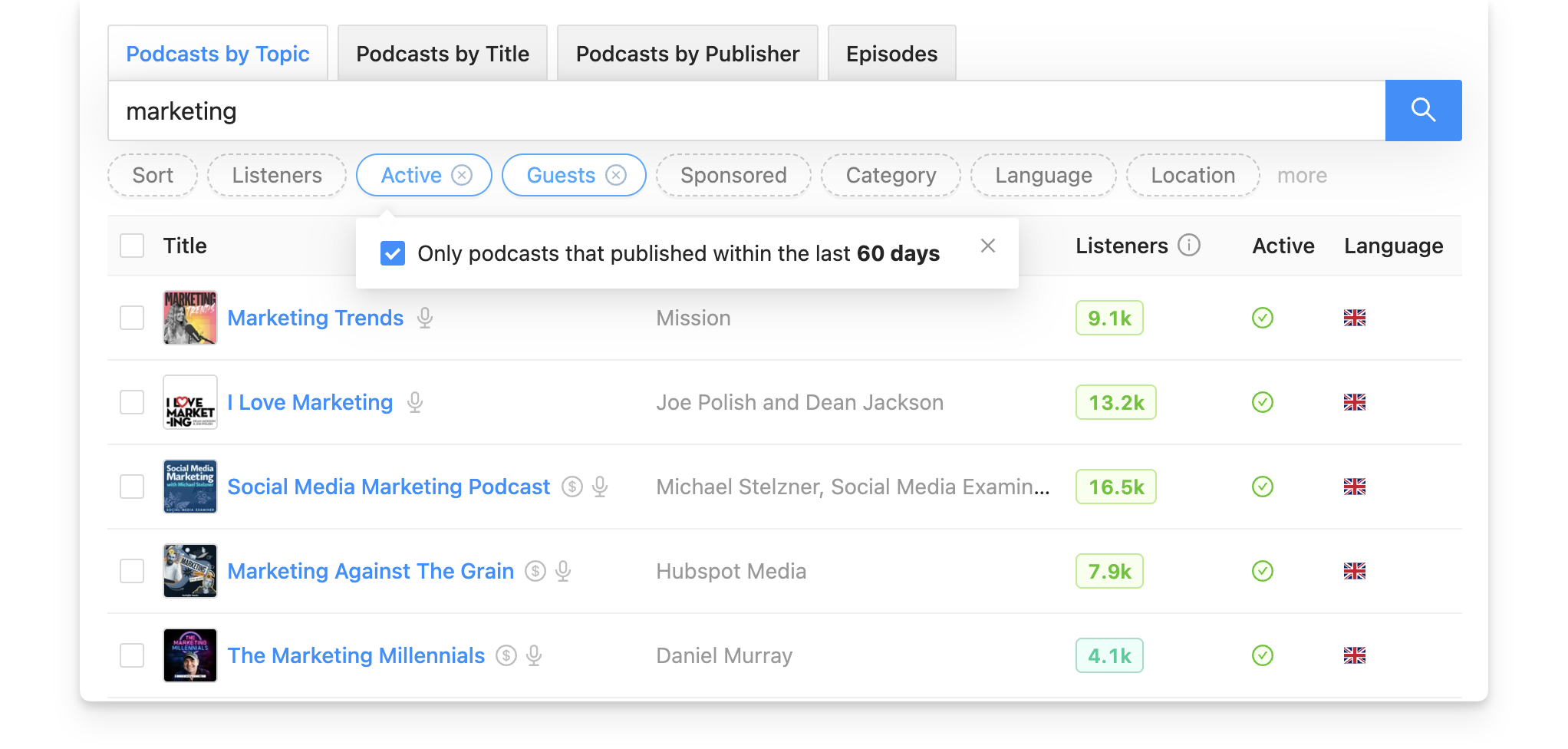 Podcast search for active shows on Rephonic