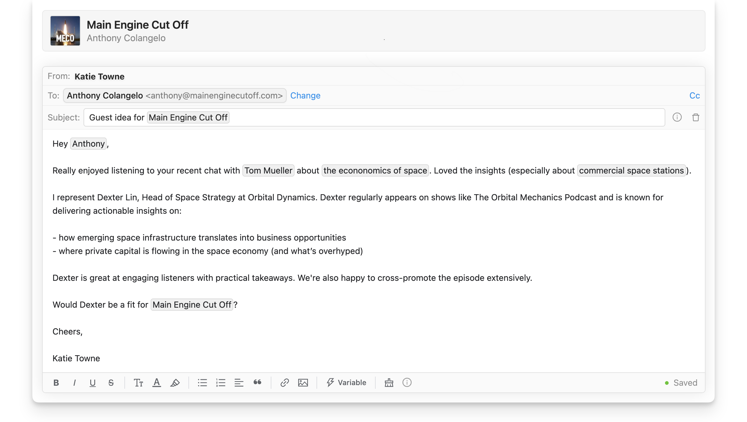 Podcast outreach email in Rephonic
