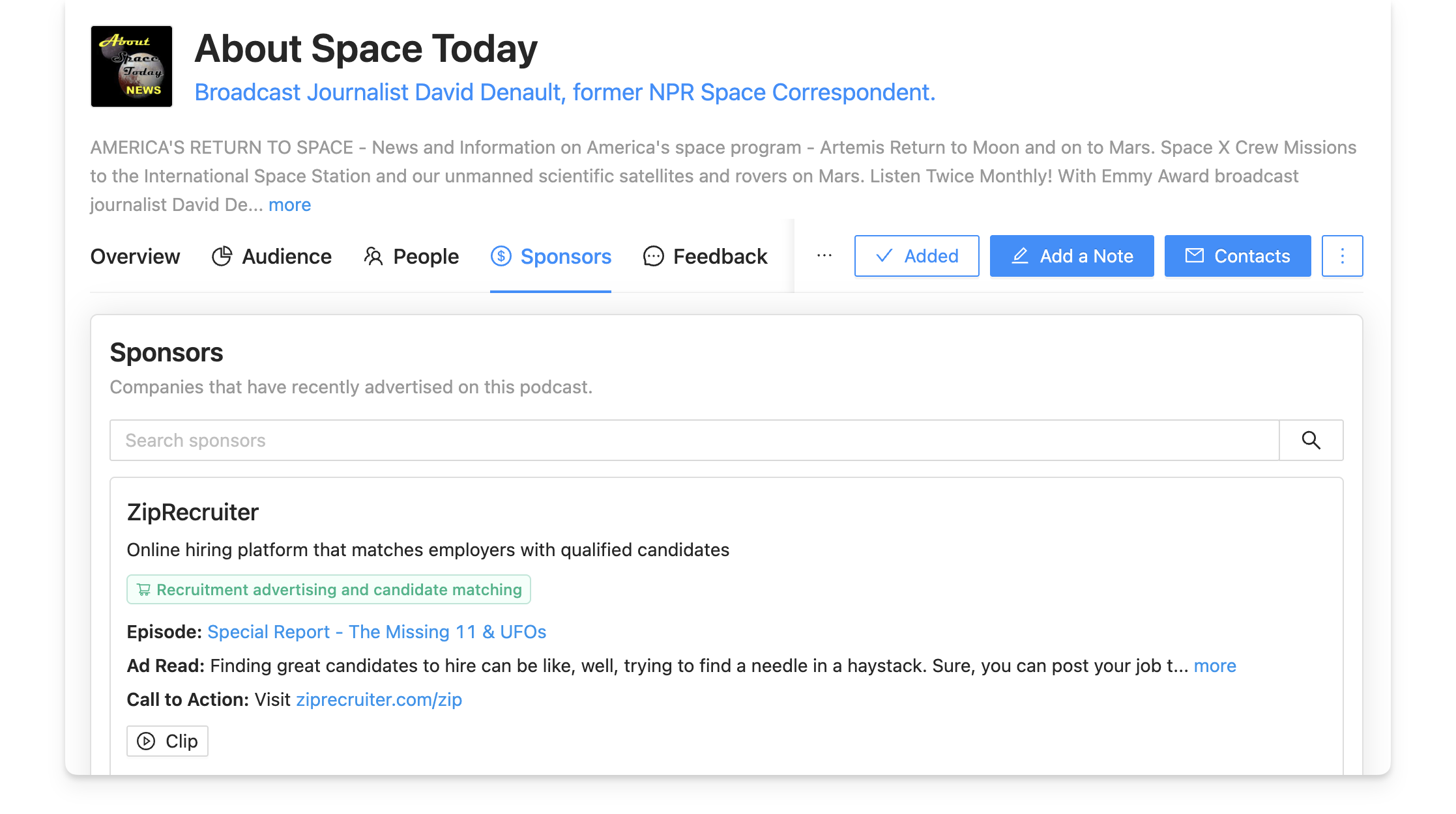Podcast sponsor data