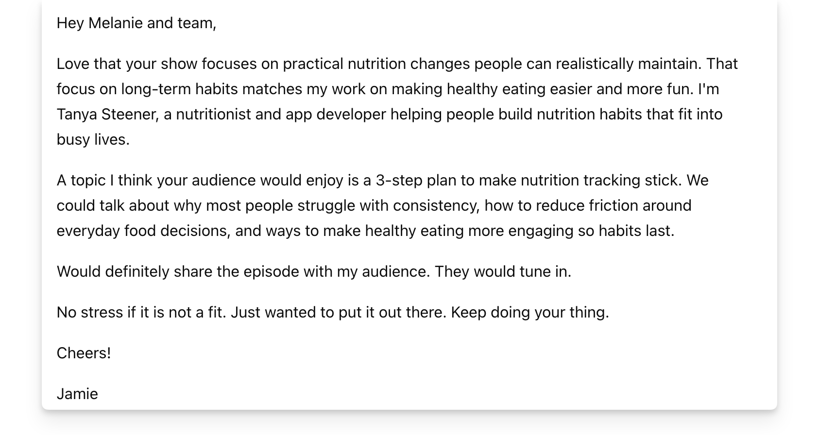 Example podcast guest pitch