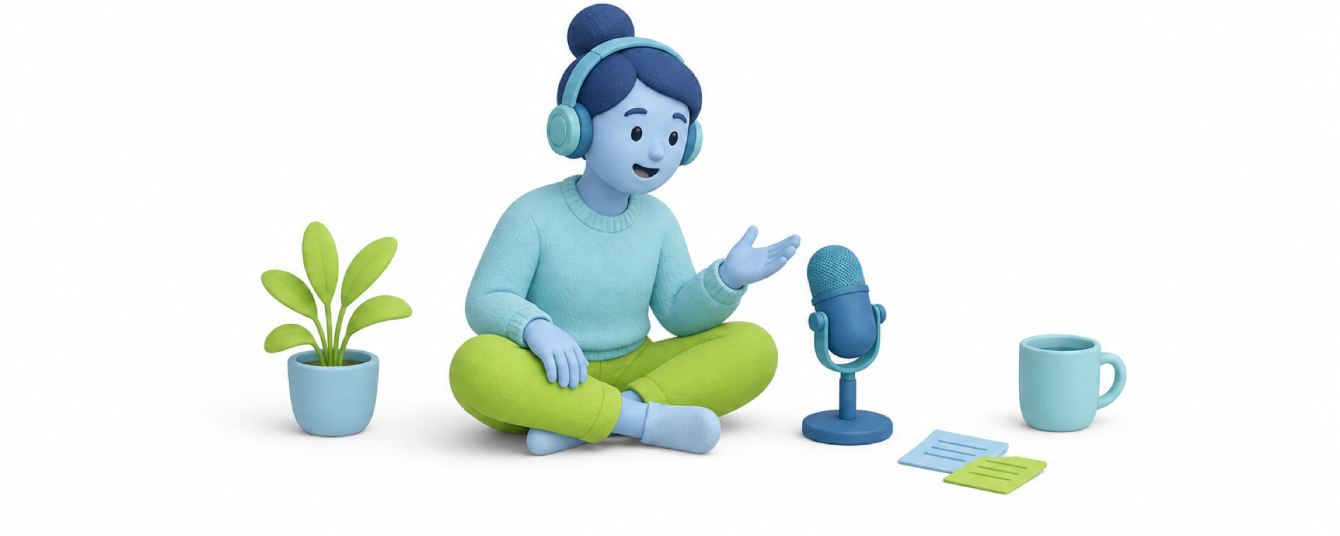 A seated character with headphones speaking into a small microphone while preparing for a podcast interview.