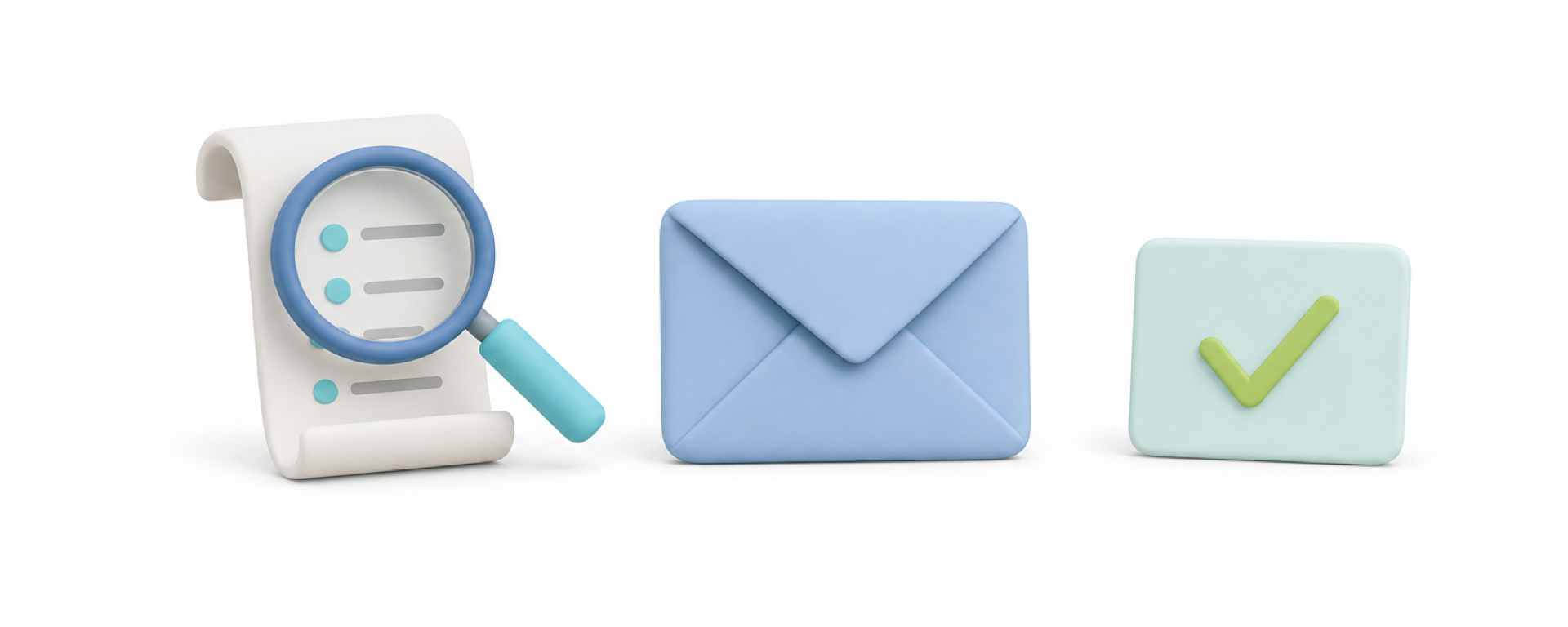A magnifying glass over a list, an envelope, and a checkmark, illustrating the find-pitch-track loop.
