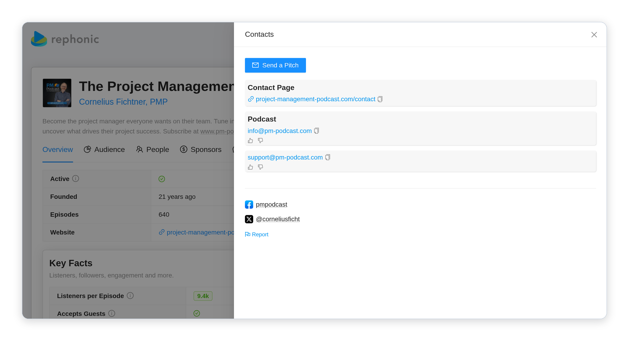 The Contacts drawer open over a show's profile page