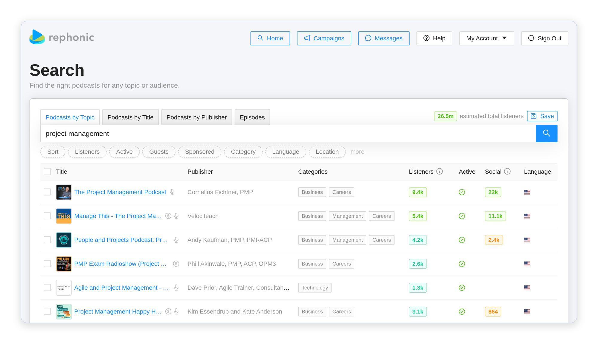 Tighter framing of the same project management search results, six shows visible