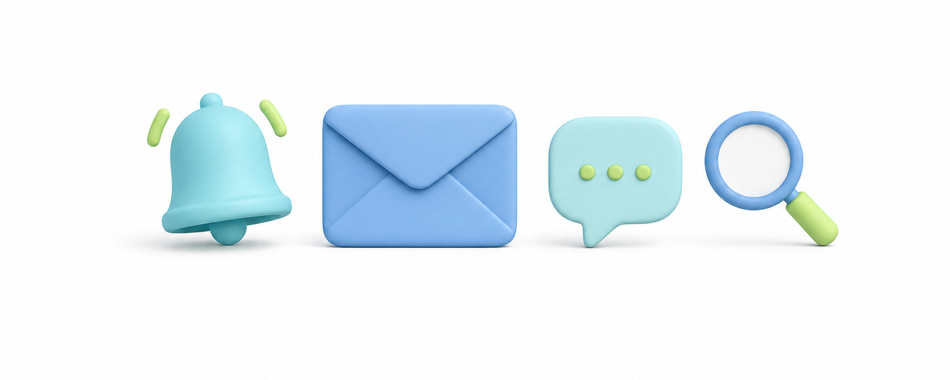 Matte 3D illustration of a bell, envelope and search objects on a white band.