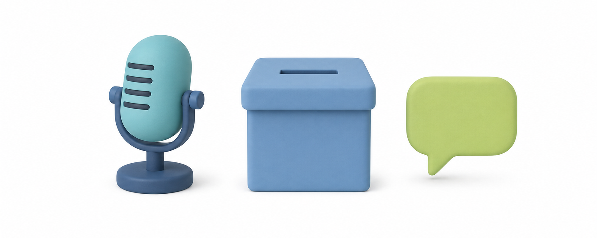 A matte 3D podcast microphone, a ballot box with a slot, and a speech bubble in a row.