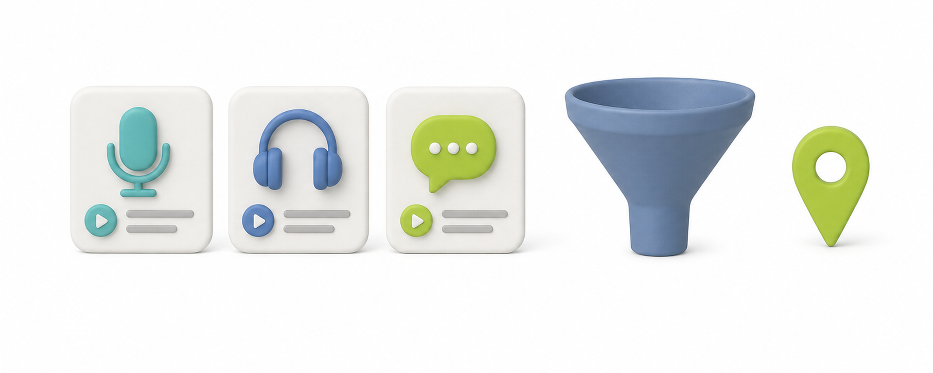 Three podcast cards, a funnel, and a single map location pin, suggesting filtering many shows down to a few in one place.