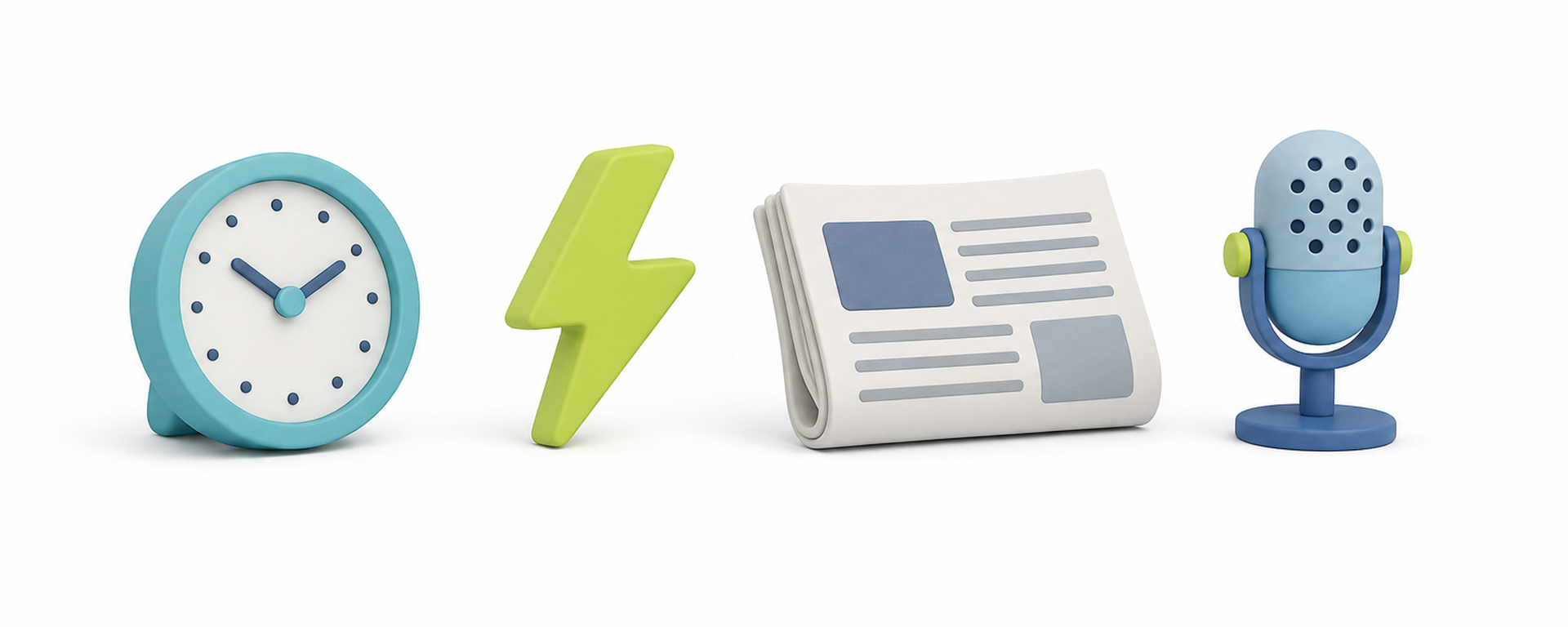 Matte 3D illustration of a clock, lightning and a microphone on a white band.