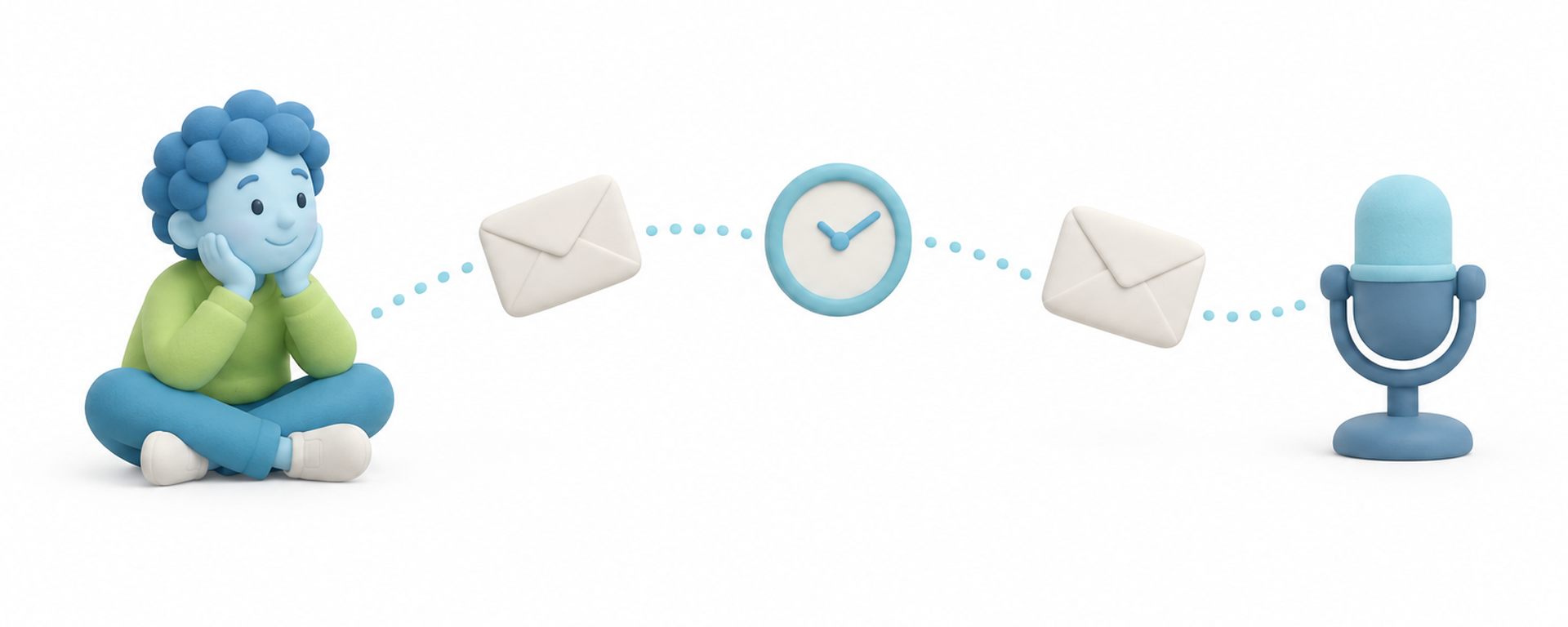 A cross-legged character watching envelopes move toward a microphone along a dotted path