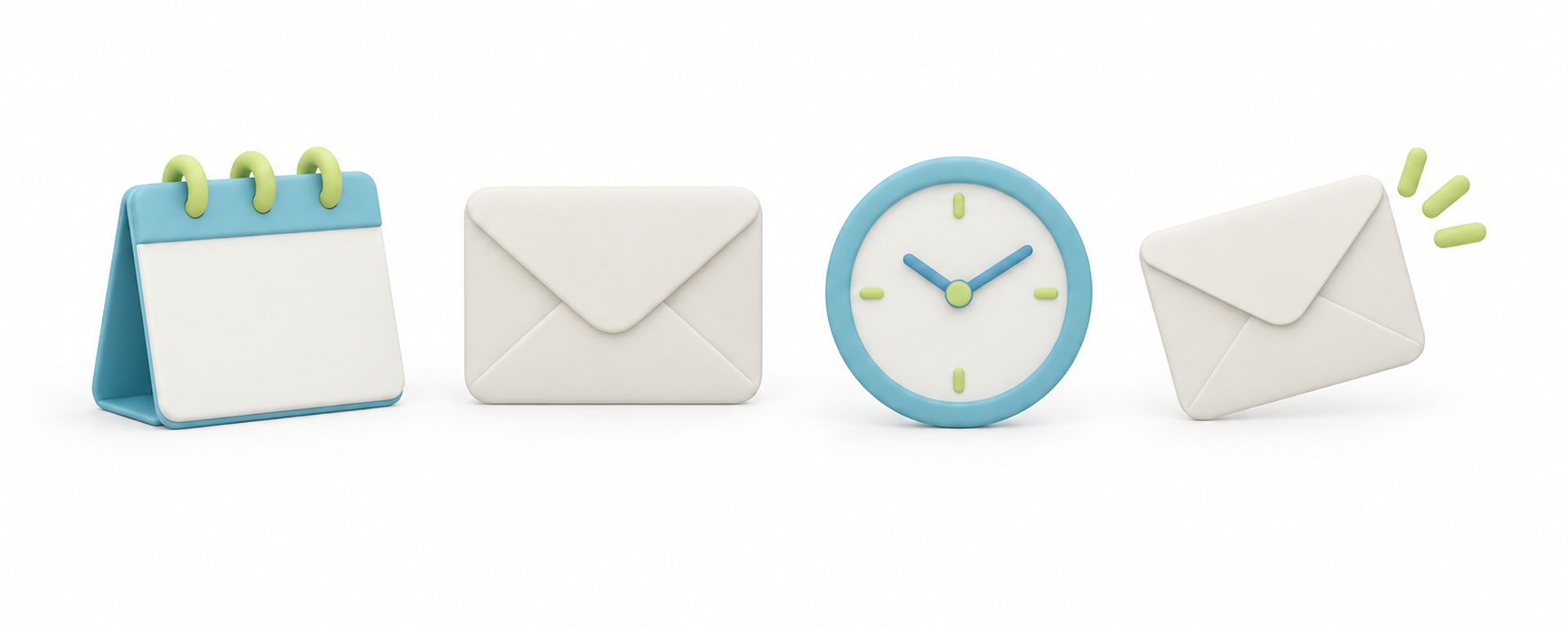 A desk calendar, an envelope, a clock and a tilted second envelope in a row